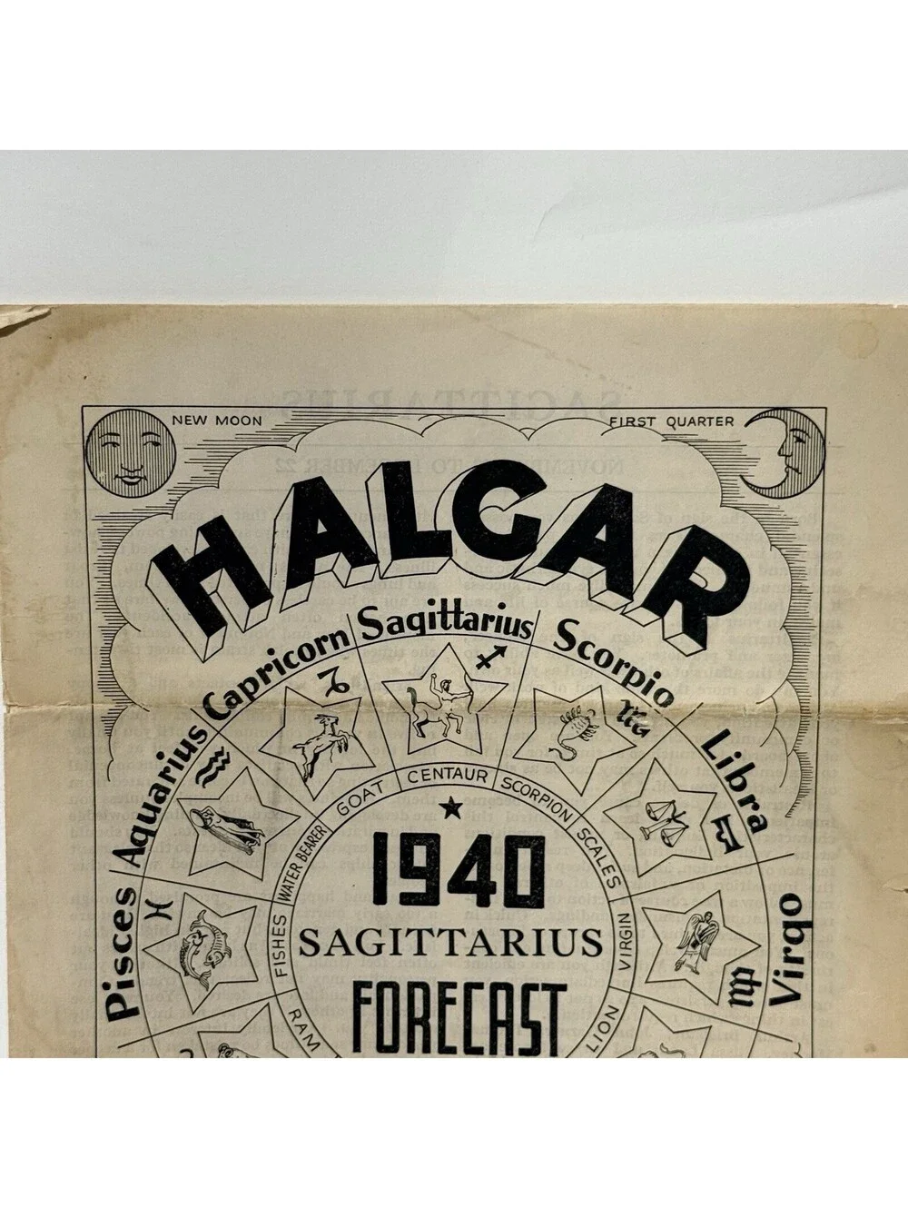 Vintage 1940 Halgar Sagittarius Forecast Horoscope Astrology Mail Order Paper